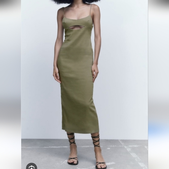 Zara Dresses & Skirts - Zara Olive Midi Dress Small Cutout Slit Feminine Sexy